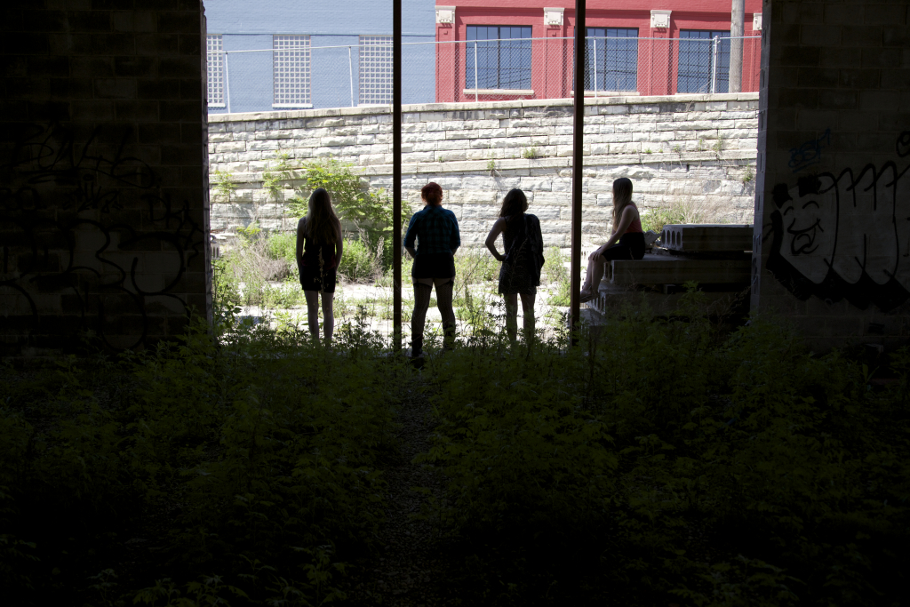 women-shadow-abandoned-building-summer-red-blue